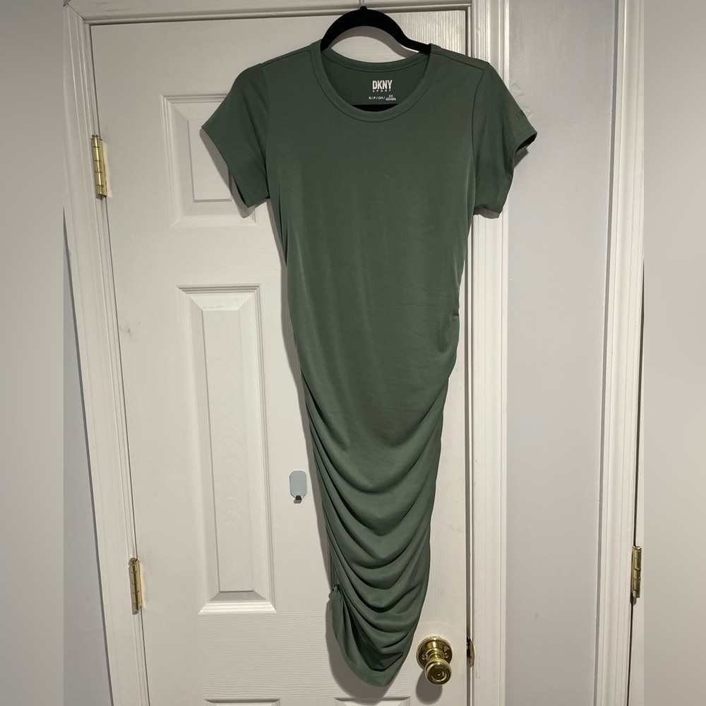 DKNY Olive Green Ruched Midi Dress with Short Sleeves